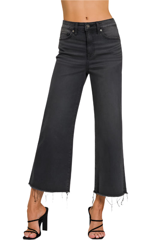 Høyt liv Cropped Jeans til Damer i Vasket Sort 0