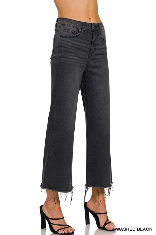 Høyt liv Cropped Jeans til Damer i Vasket Sort 1