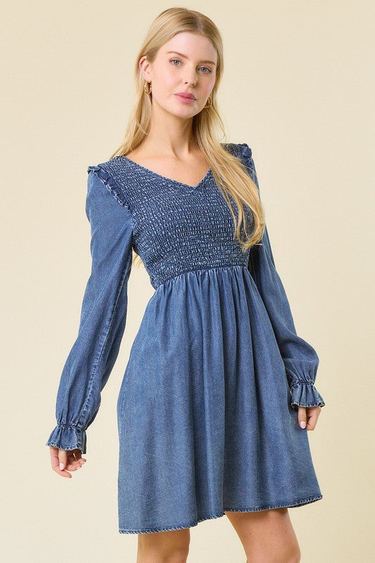 Kjole for kvinner Mini V-hals Smocked Denim 1