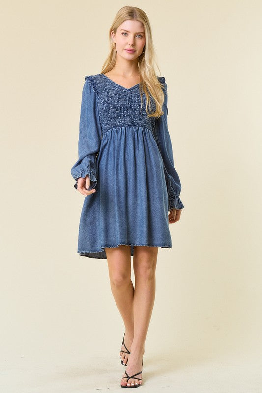 Kjole for kvinner Mini V-hals Smocked Denim 4