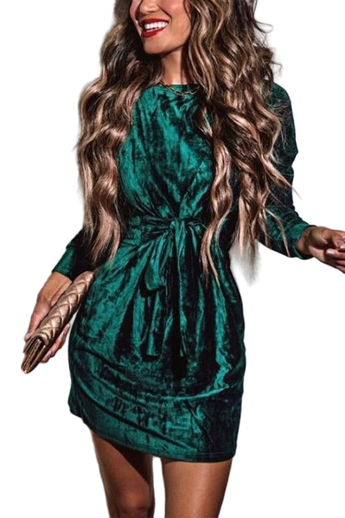 Kjole med Knyting i Midjen for Kvinner Langermet Festlig Stil 0