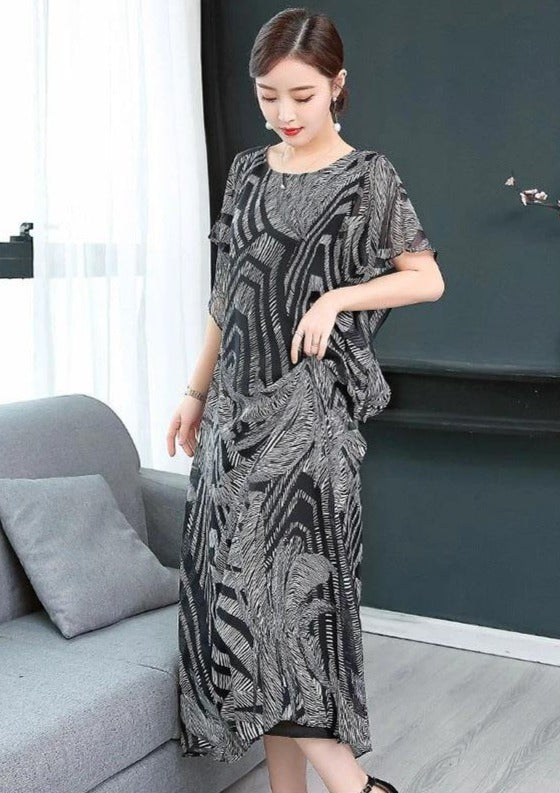 Kjoler Dame Kaftan O-hals Chiffon Sommerkjole med Trykk 1