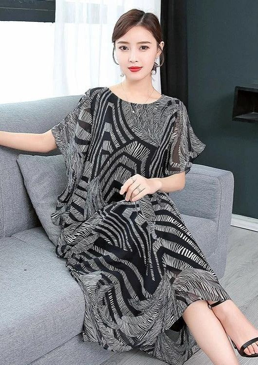 Kjoler Dame Kaftan O-hals Chiffon Sommerkjole med Trykk 3