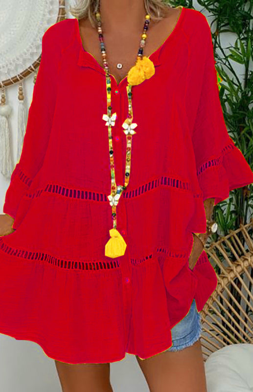 Kvinne 3/4 Ermet V-Hals Løs Kutt Top Dress i Bomull og Lin 9