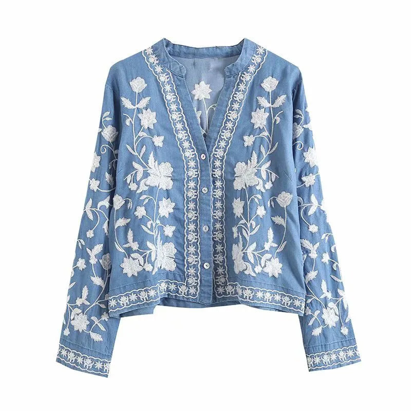 Kvinne Bluse Boho Denim Avslappet Passform 0