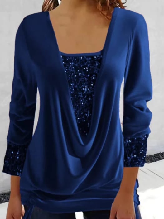 Kvinne Bluse Drapert Halslinje med Pailletten Detaljer 7