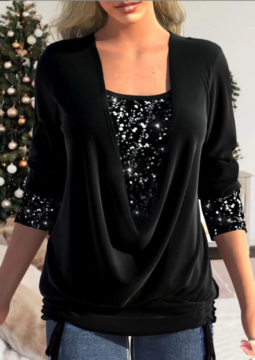 Kvinne Bluse Drapert Halslinje med Pailletten Detaljer 9