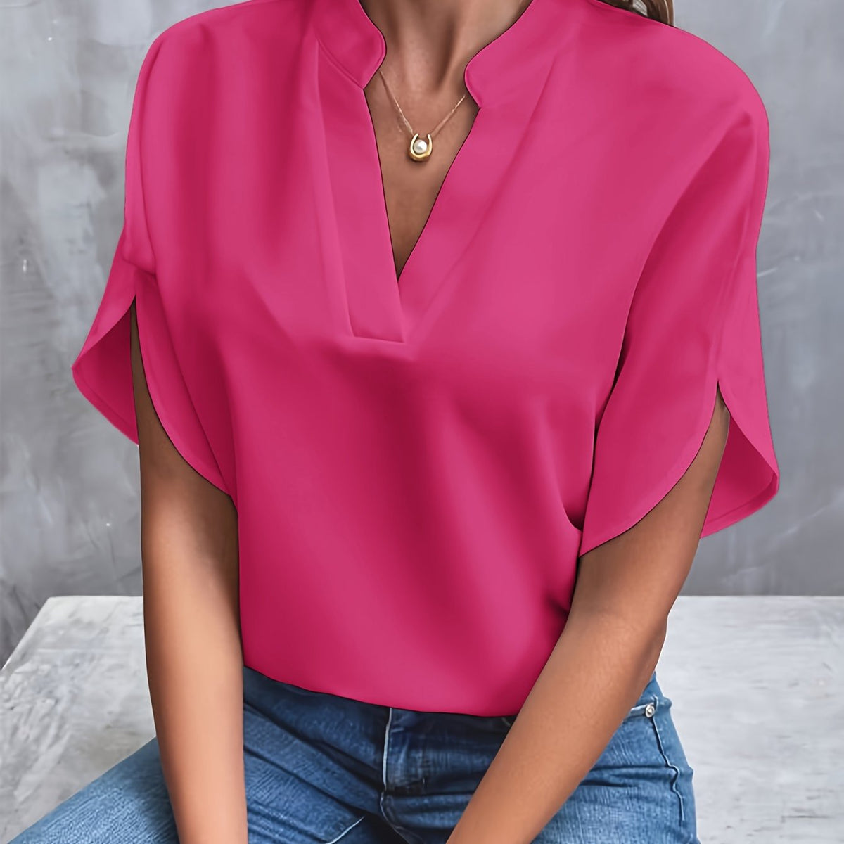 Kvinne Bluse Elegant Split V-hals Viskose Polyester 11