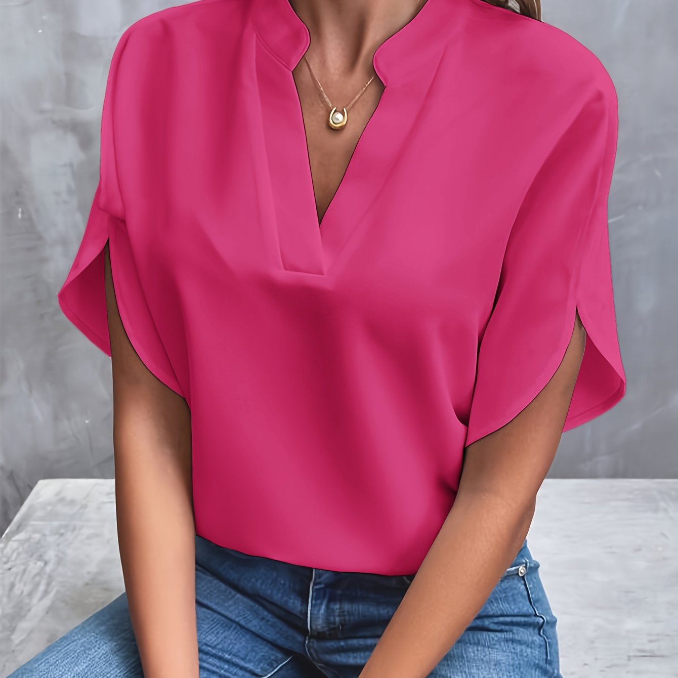 Kvinne Bluse Elegant Split V-hals Viskose Polyester 11