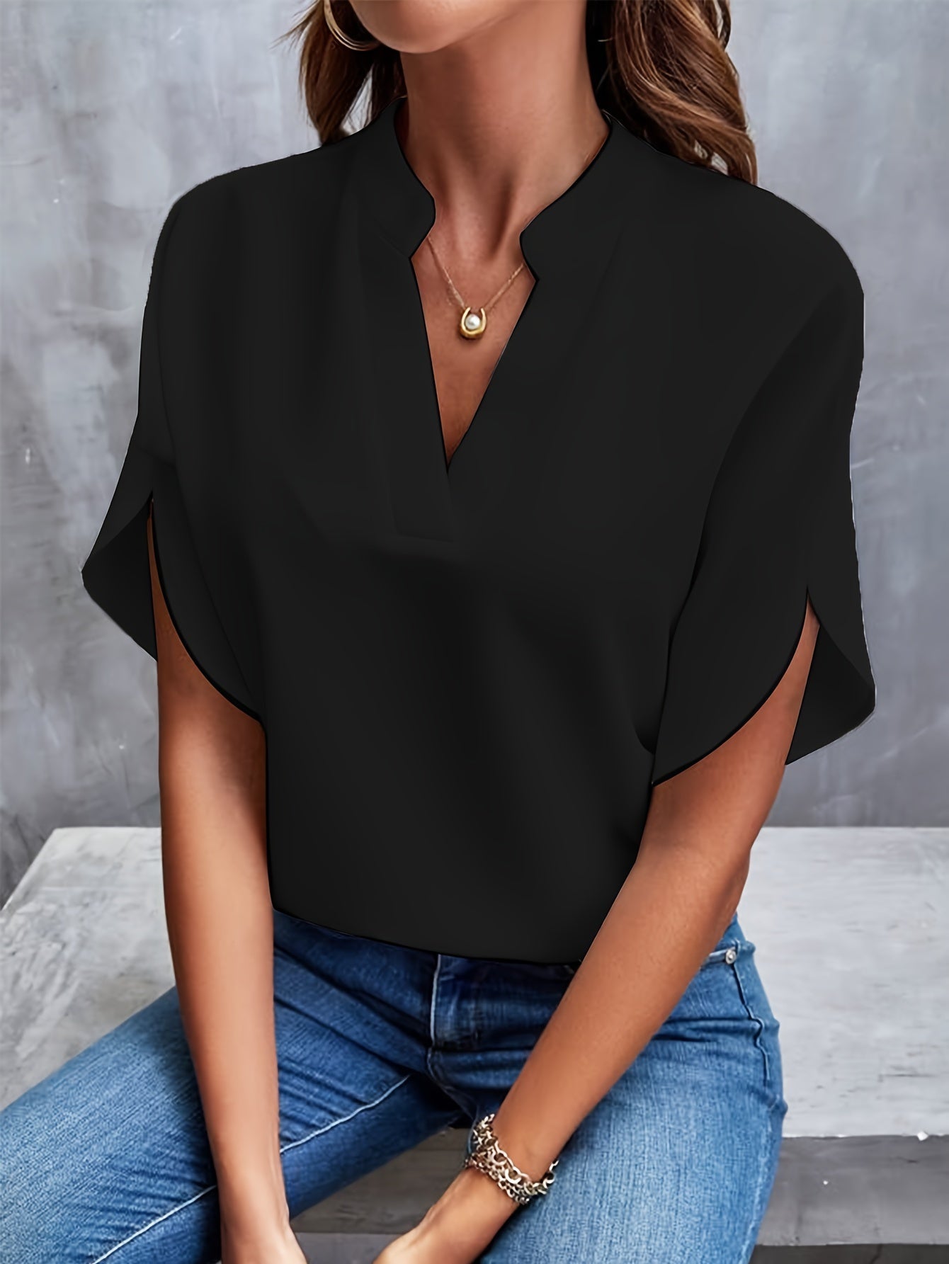 Kvinne Bluse Elegant Split V-hals Viskose Polyester 3