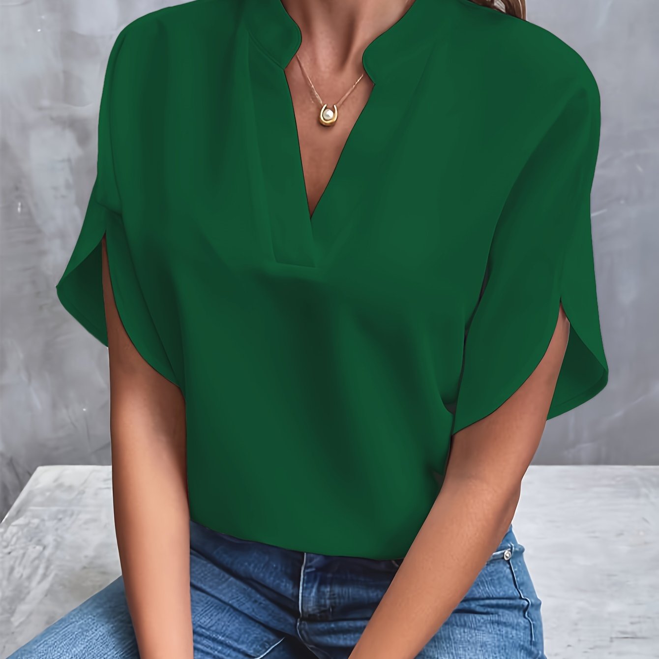 Kvinne Bluse Elegant Split V-hals Viskose Polyester 9