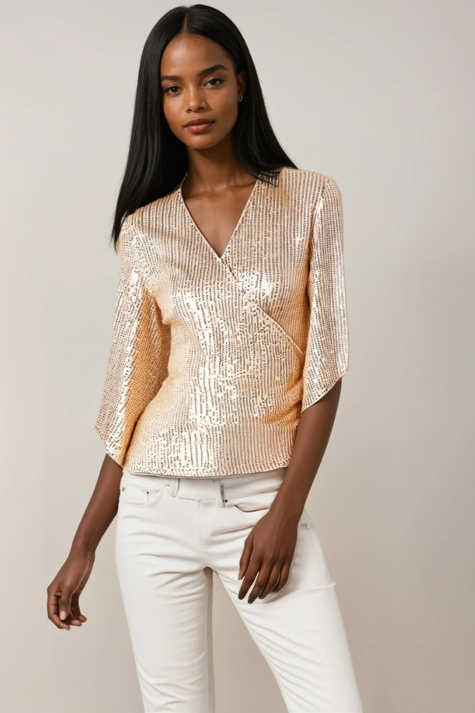 Kvinne Bluse Omslag Glitrende Lett Stoff 2