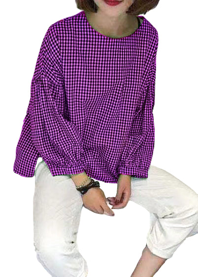 Kvinne Bluse med Asymmetrisk Snitt i Rutete Design 8