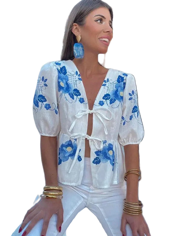 Kvinne Crop Top V-Hals Blomstertrykk Korte Ermer Med Sløyfe 0