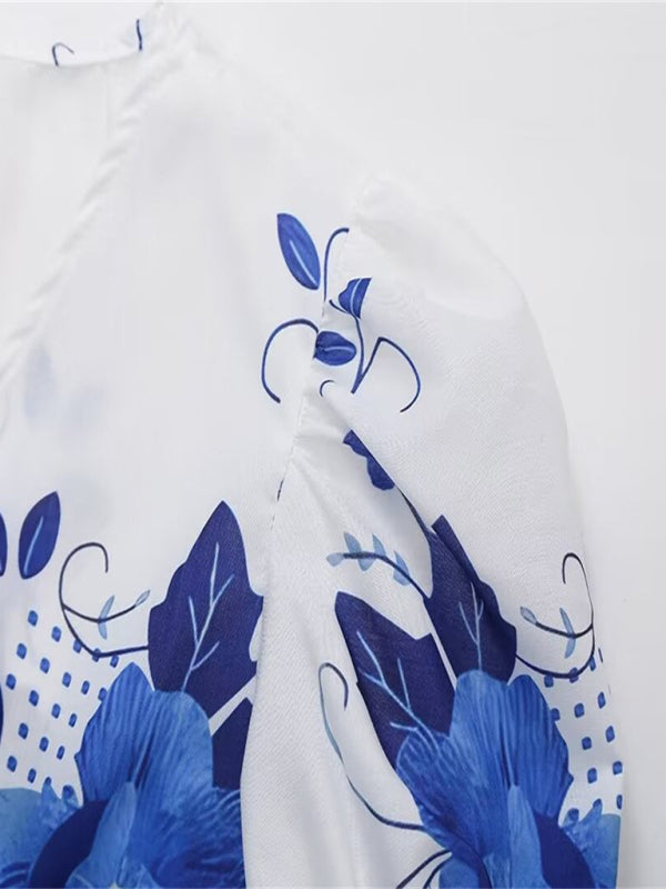 Kvinne Crop Top V-Hals Blomstertrykk Korte Ermer Med Sløyfe 1