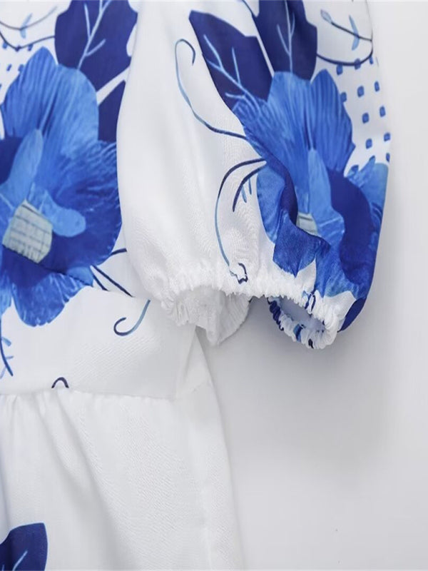 Kvinne Crop Top V-Hals Blomstertrykk Korte Ermer Med Sløyfe 2