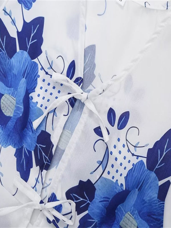 Kvinne Crop Top V-Hals Blomstertrykk Korte Ermer Med Sløyfe 3