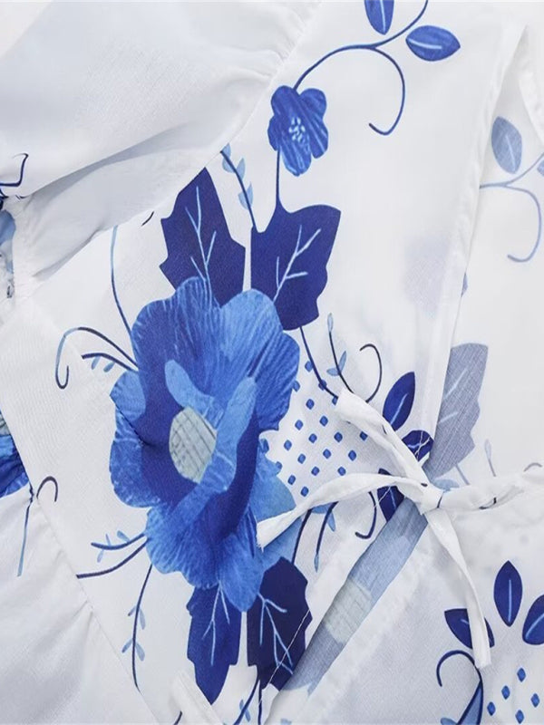 Kvinne Crop Top V-Hals Blomstertrykk Korte Ermer Med Sløyfe 4