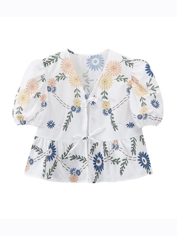 Kvinne Crop Top V-Hals Blomstertrykk Korte Ermer Med Sløyfe 5