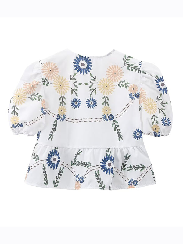 Kvinne Crop Top V-Hals Blomstertrykk Korte Ermer Med Sløyfe 6