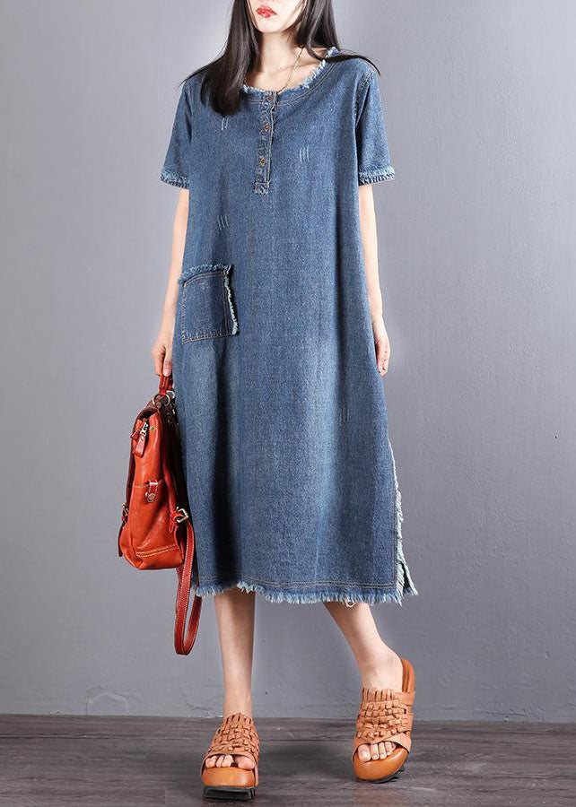 Kvinne Denim Kjole med Knapper og Lommer 0