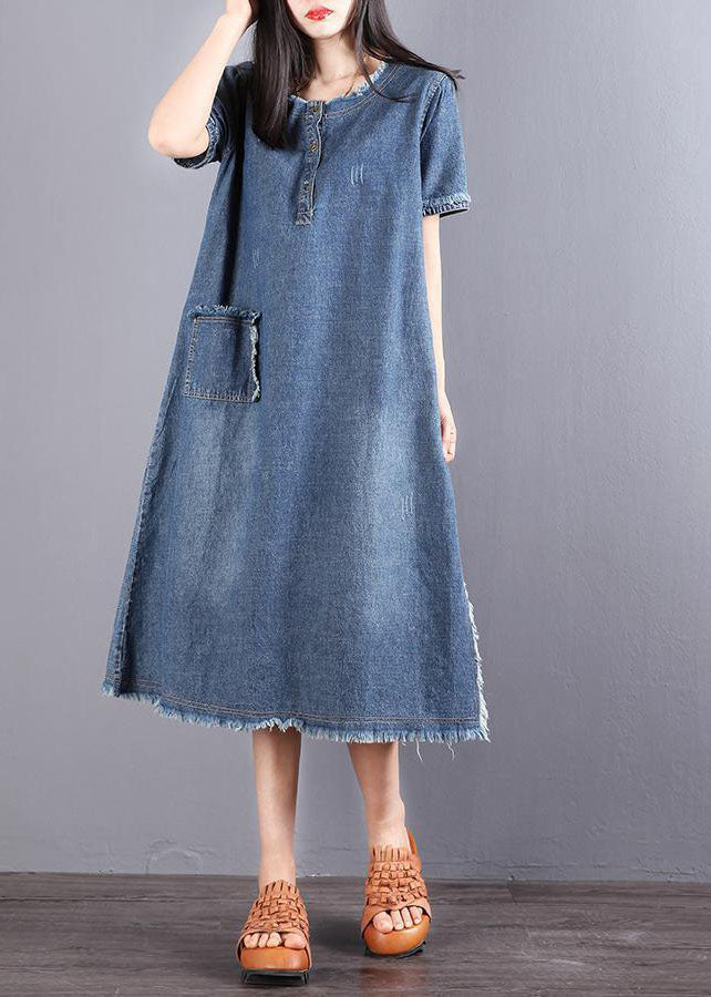 Kvinne Denim Kjole med Knapper og Lommer 2