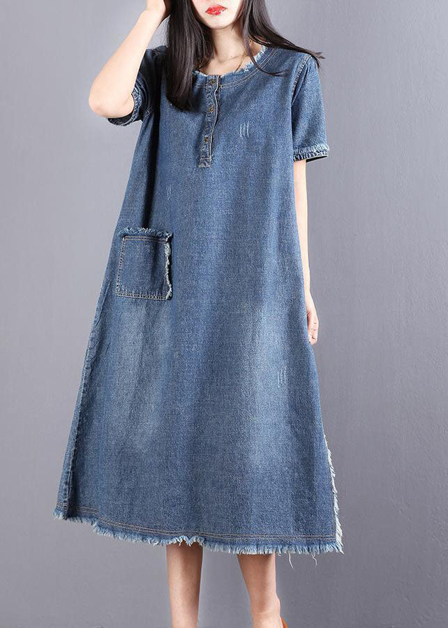 Kvinne Denim Kjole med Knapper og Lommer 3