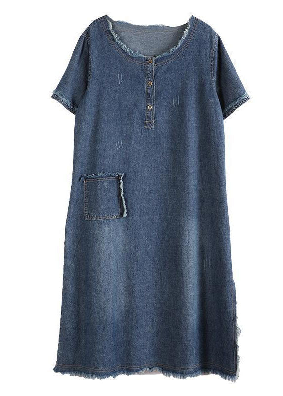 Kvinne Denim Kjole med Knapper og Lommer 4
