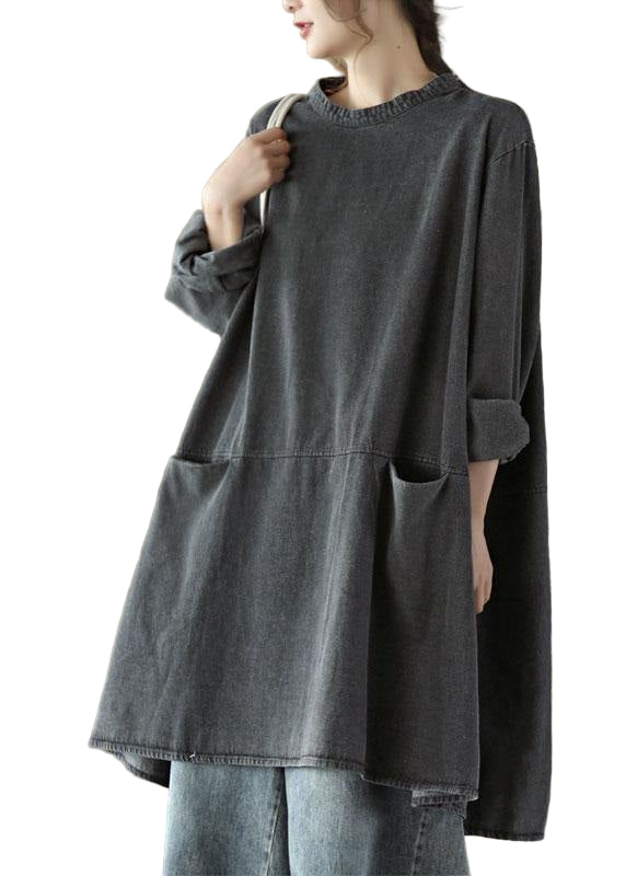Kvinne Denim Kjole med Lange Ermer og Lommer 0