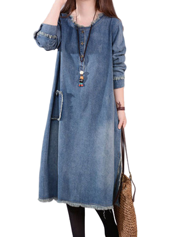 Kvinne Denim Kjole med Lange Ermer og Lommer 0