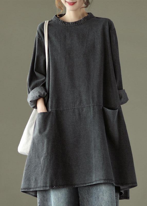 Kvinne Denim Kjole med Lange Ermer og Lommer 1