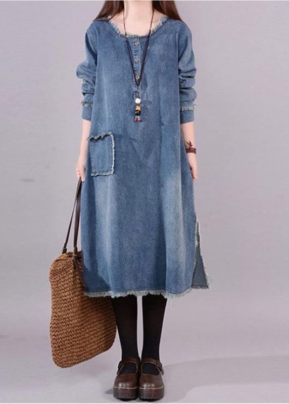 Kvinne Denim Kjole med Lange Ermer og Lommer 1