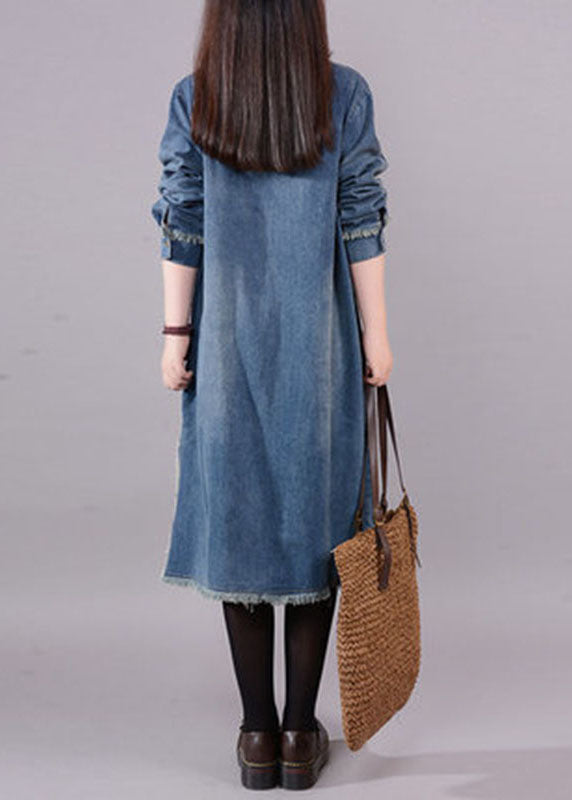 Kvinne Denim Kjole med Lange Ermer og Lommer 2