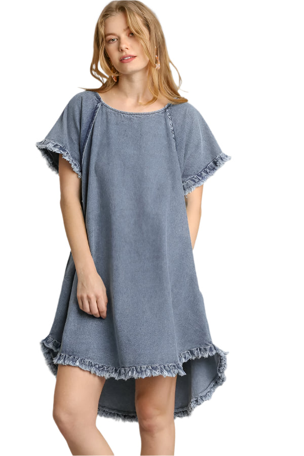 Kvinne Denim Kjole med Lommer og Frynser 0