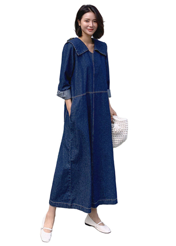 Kvinne Denim Kjole med Peter Pan Krage og Lommer 1