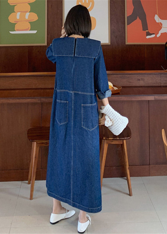Kvinne Denim Kjole med Peter Pan Krage og Lommer 4