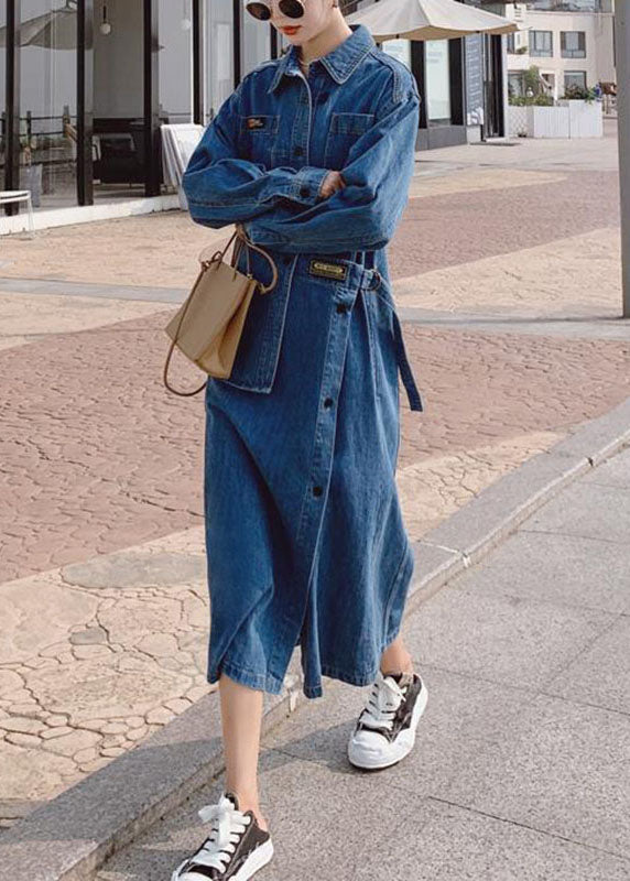 Kvinne Denim Lang Kjole med Asymmetrisk Design og Lommer 1