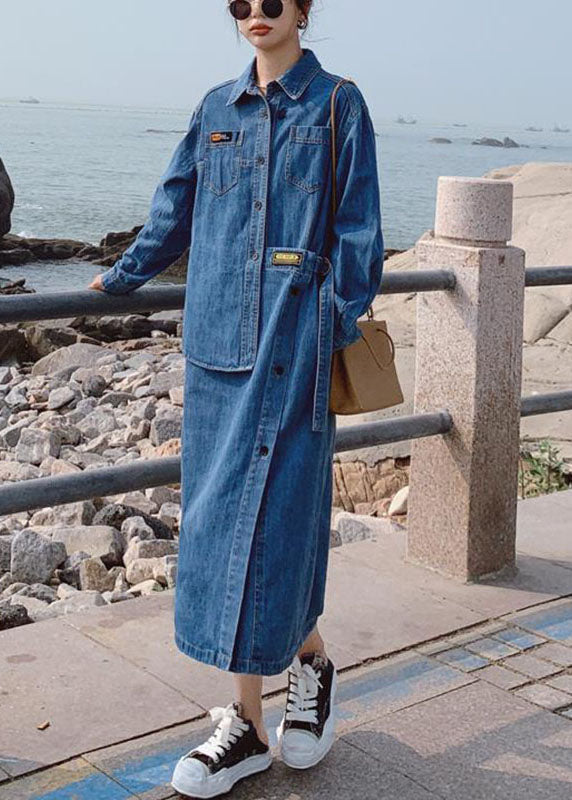 Kvinne Denim Lang Kjole med Asymmetrisk Design og Lommer 2