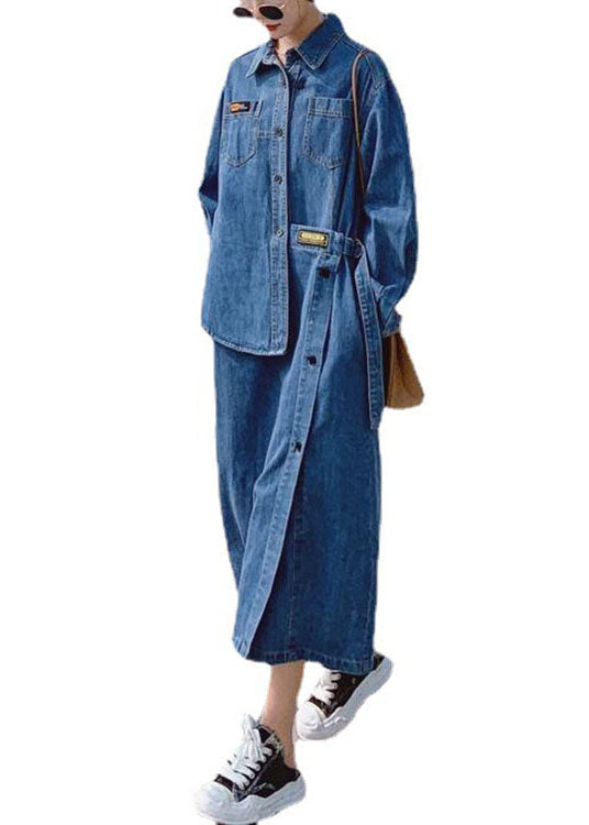 Kvinne Denim Lang Kjole med Asymmetrisk Design og Lommer 4