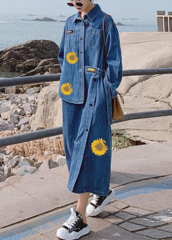 Kvinne Denim Lang Kjole med Asymmetrisk Design og Lommer 5