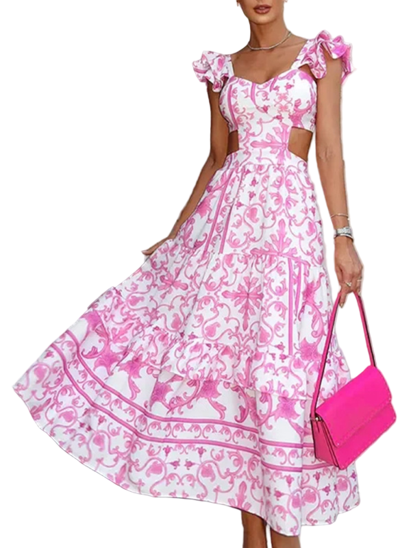 Kvinne Floral Print Hullet Kjole 0