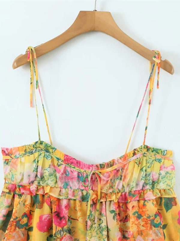 Kvinne Floral Sling Kjole med Snøring og Fargeblokk 3