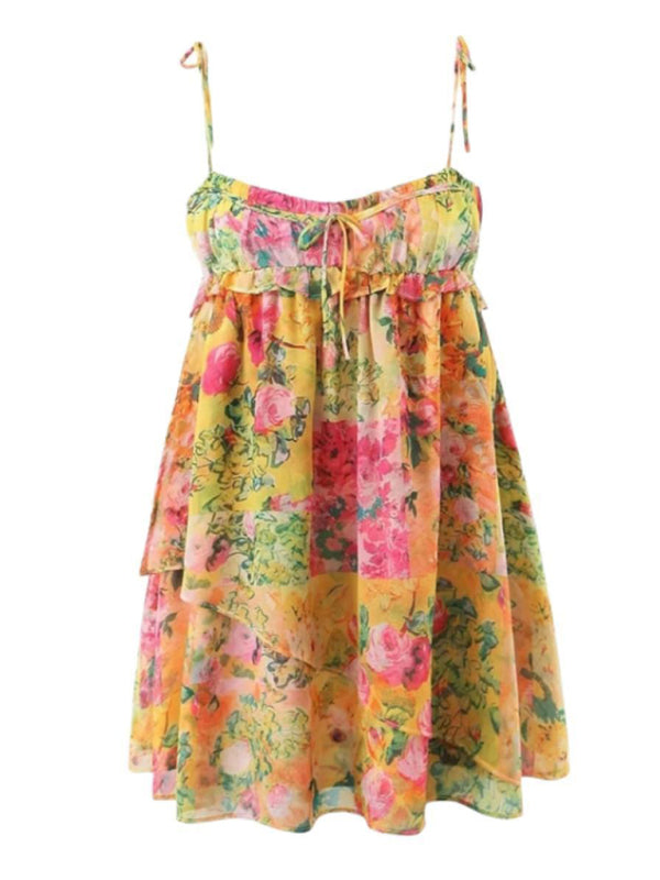 Kvinne Floral Sling Kjole med Snøring og Fargeblokk 4