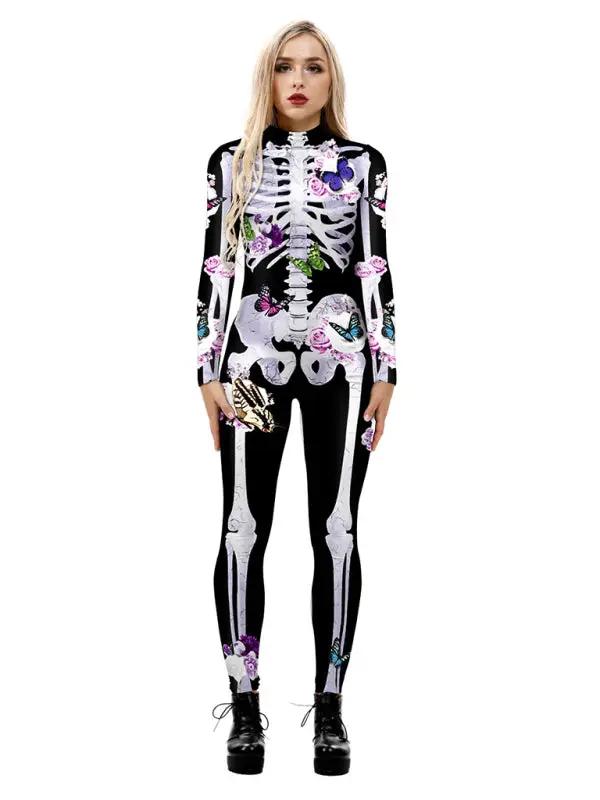 Kvinne Halloween Kostyme Skeletttrykk Blomsterdesign Myk Materiale 0