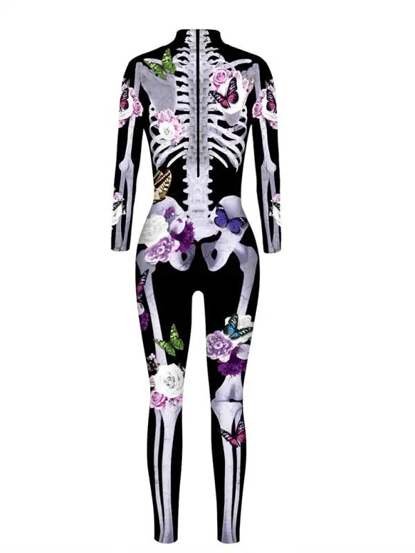 Kvinne Halloween Kostyme Skeletttrykk Blomsterdesign Myk Materiale 1