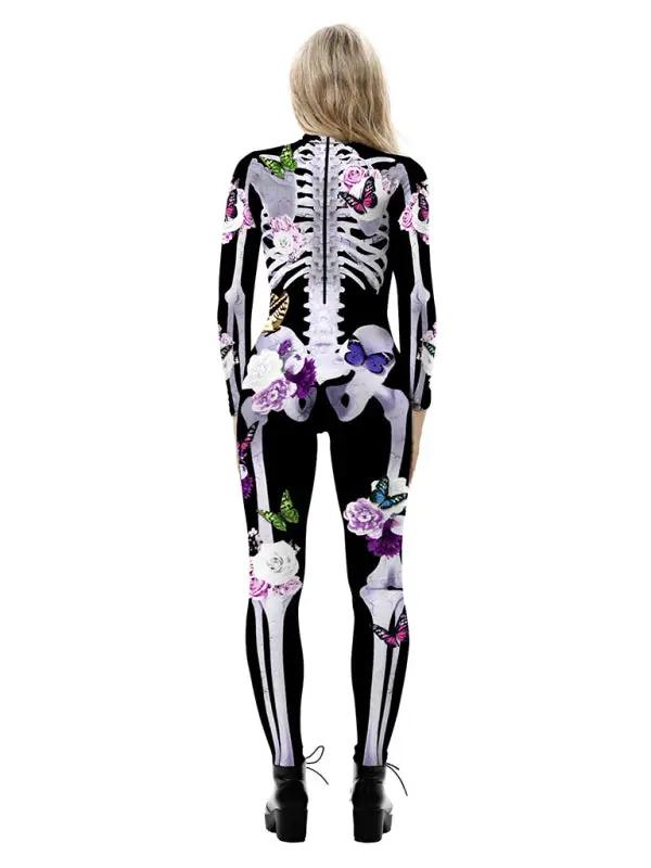 Kvinne Halloween Kostyme Skeletttrykk Blomsterdesign Myk Materiale 2