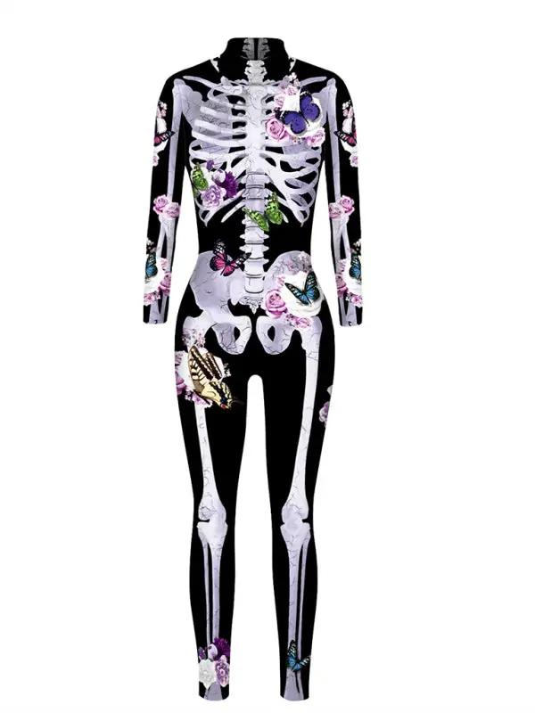 Kvinne Halloween Kostyme Skeletttrykk Blomsterdesign Myk Materiale 3