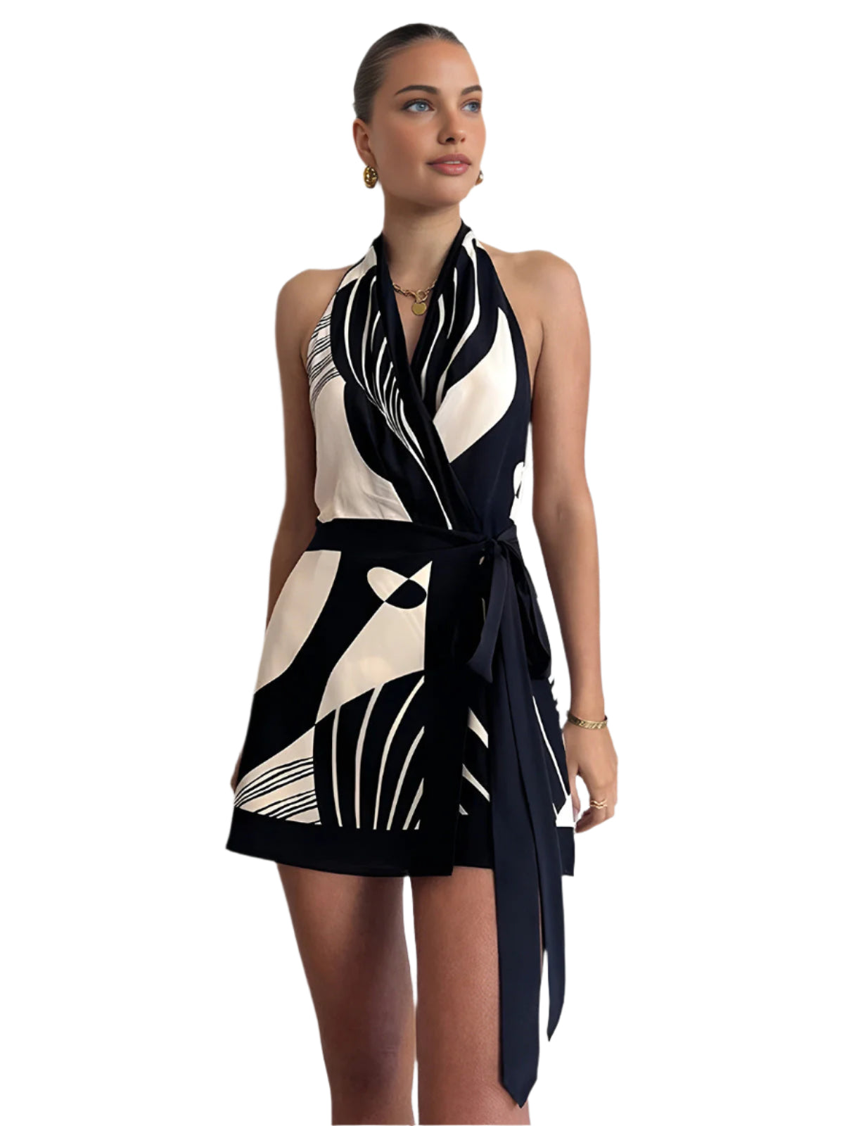 Kvinne Halter Kjole Wrap Satin Blend med Abstrakt Design 0