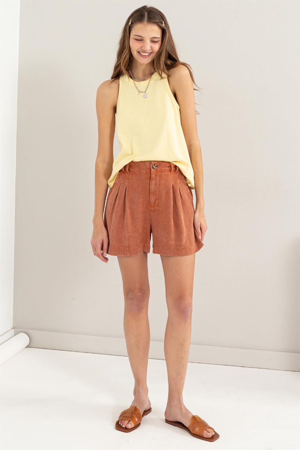 Kvinne High Waist Shorts Plisserte Rayon Lin 3