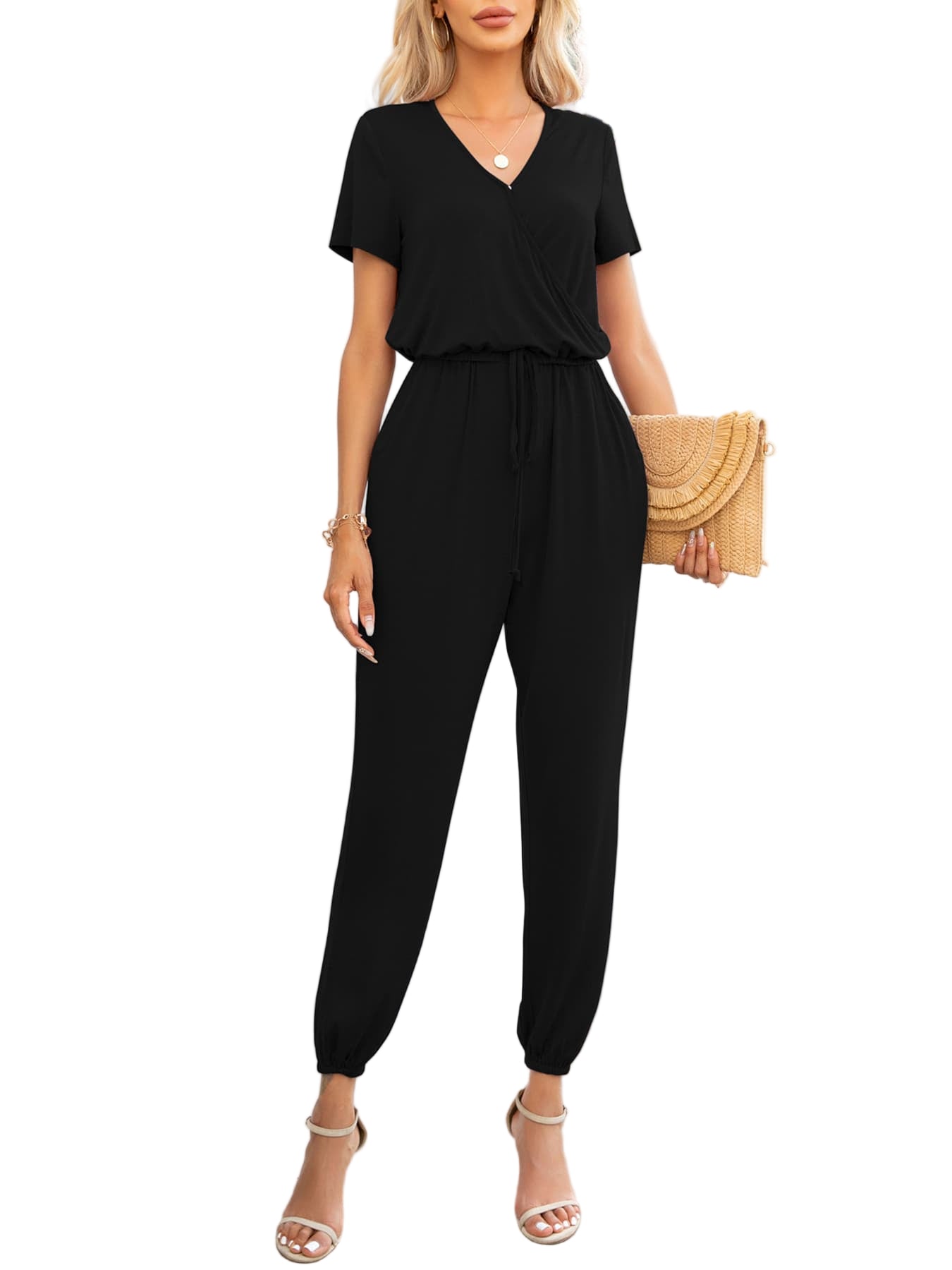 Kvinne Jumpsuit med Kort Erme V-Hals og Lommer 0